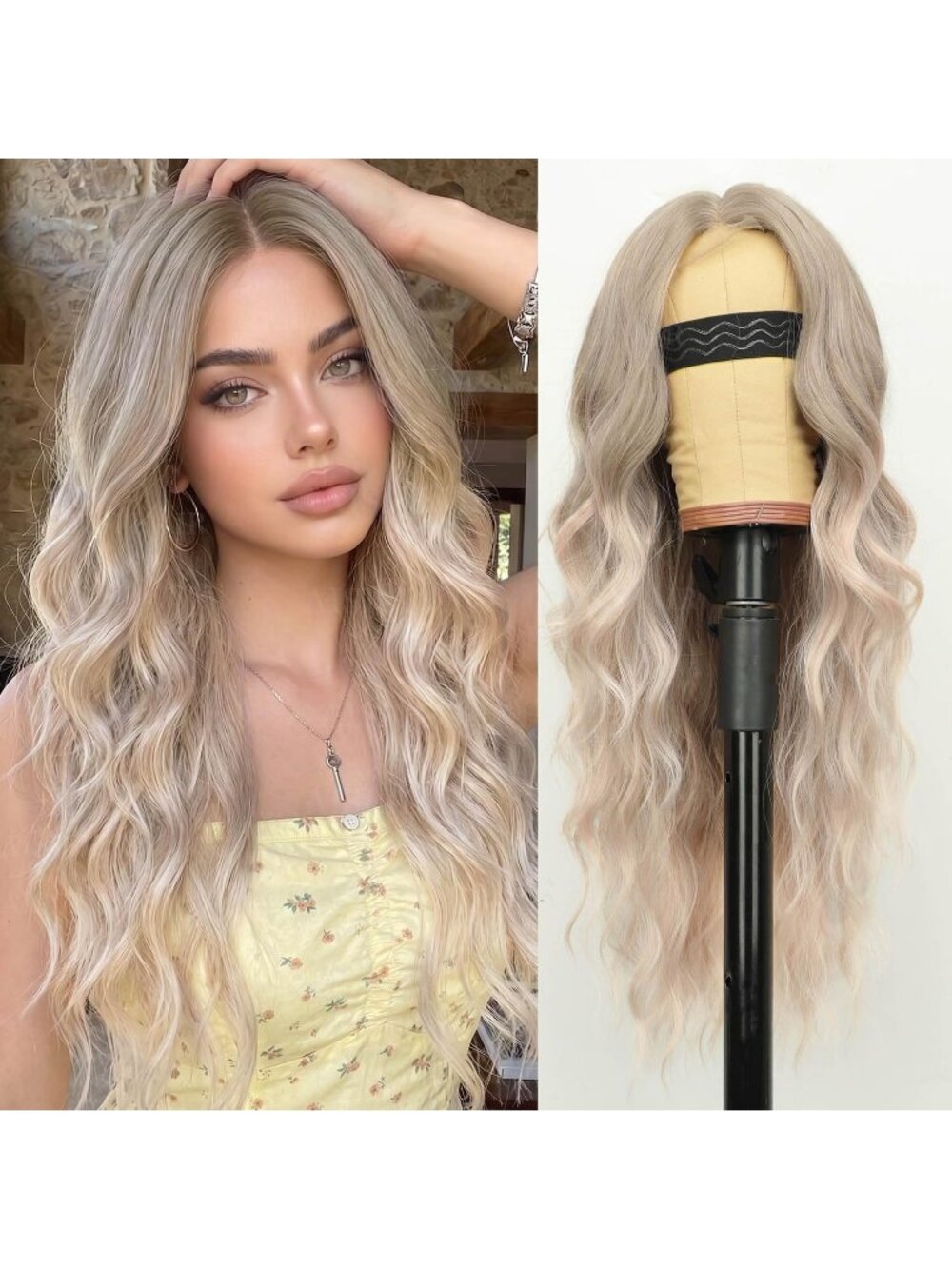 Women's Champagne Ash Lace Hairline 26 Inch Synthetic Heat Resistant Wavy Wigs